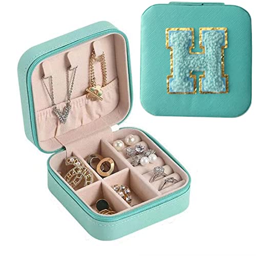 Serlife Caja organizadora de joyas de viaje de piel sintética para mujer, caja de joyería pequeña para mujer, color azul (inicial H)