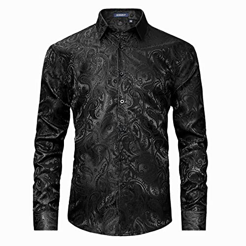 HISDERN Schwarze Herren Seide Blumen Muster Hemd Langarm Paisley Satin...