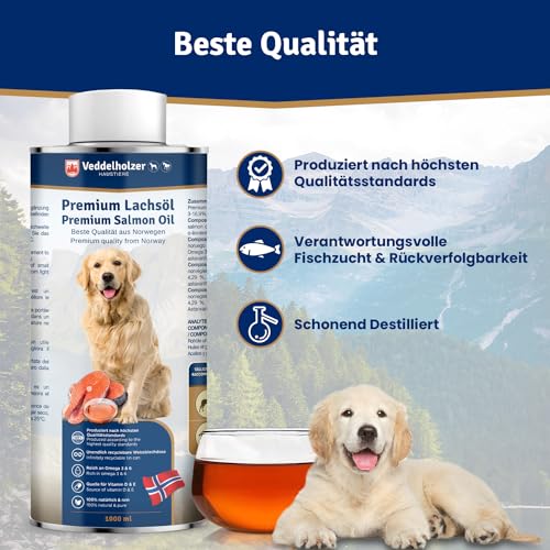 Veddelholzer Lachsöl für Hunde 1 Liter in recycelbarer Weißblechdose Ideale Hochwertige Nahrungsergänzung Mit Omega3 Fettsäuren & Vitamin E Nachhaltiges Fischöl für Hund Pferd & Umwelt