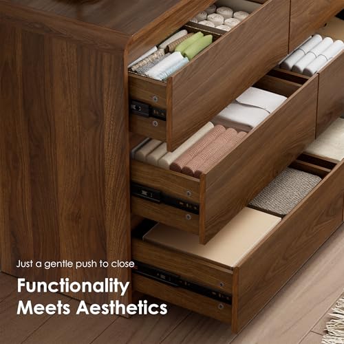 Image of Oransail 6 Drawer Dresser, 47 inch Wide Walnut Dresser Chest of Drawers, Curved Anti-Collision & Anti-Tipping Design, Mid Century Modern Wooden Dresser for Bedroom, Living Room, TV Stand