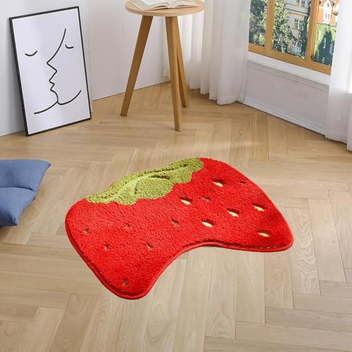 Image of Super Soft Shaggy Bath Mat Anti Skid Cute Absorbent Kids Small Bath Mat Cartoon Fruit Bathroom Rug Non Slip, Cute Bathroom Floor Mat for Home Decor (60 x 40 Cm) (Strawberry)