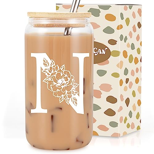 Image of Coolife Initial Glass Cup, Monogrammed Gifts for Women, 16 oz Tumbler w /Lid