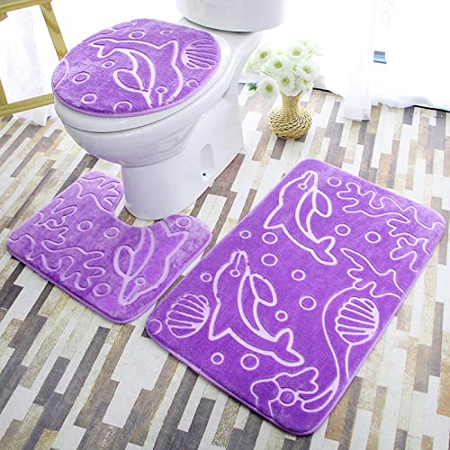 Badezimmer Teppiche Set,Badematten Teppich-Set 3-Teilig Purple Dolphin Prägung 3D-Druck Rutschfeste Badematten Weiche…