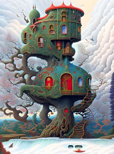 Cabane dans les arbres toile fantastique 58x90cm pour une ambiance salon surréaliste