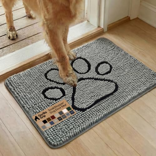 GORILLA GRIP SoakSTOPPER Dog Door Mat, Machine Washable Rug Absorbent Doormat Captures Moisture Mud Dirt, Quick Dry Soft Chenille Entryway Rugs Indoor Entrance Mats for Dog Paws, 24x17 Paw Grey