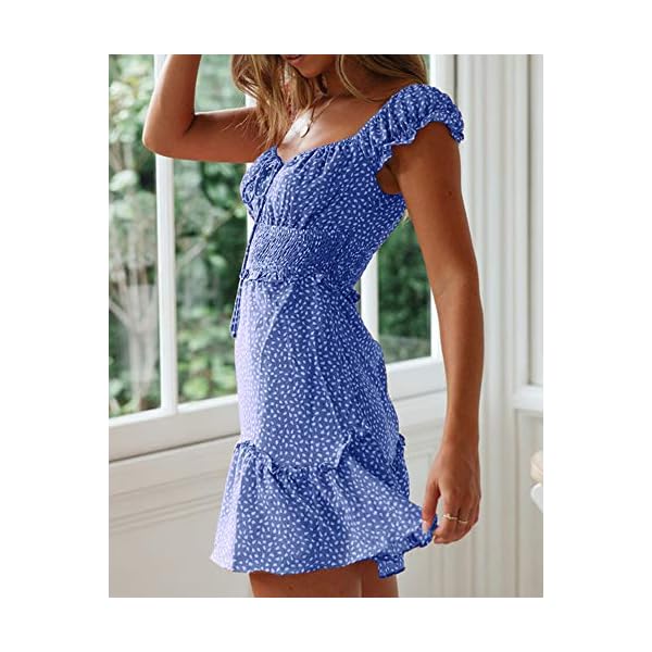 YOBECHO Womens Summer Ruffle Sleeve Sweetheart Neckline Printing Dress Mini Dress Blue