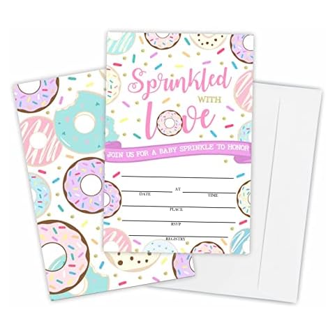 Set of 25 Sprinkled With Love Theme Baby Shower Invitations with Envelopes, Colorful Donuts Double-sided Fill in style Invites, Gender reveal,Baby Announcement Party Supplies & Decorations - B03 Cover