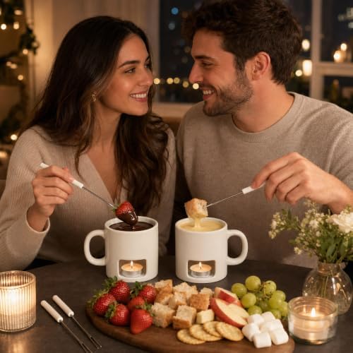Evelots 2-Pack Ceramic Fondue Cheese Mugs, 4 Forks & 8 Candles, White — view 8
