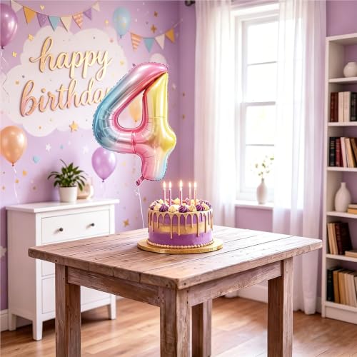Image of Rainbow Number Balloons Birthday Balloons - Giant Number 4 Balloon 40 inch, Numbers Balloon Birthday Decorations, Rainbow Party Supplies for Baby Shower
