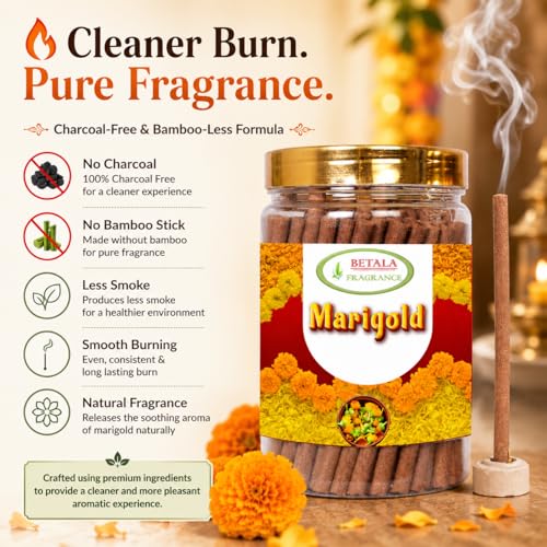 Image of Betala Fragrance Marigold Flavour Dhoop Sticks, 200 g Dhup Batti Stick with Stick Stand Holder, Bamboo Less & Non Charcoal (Marigold)