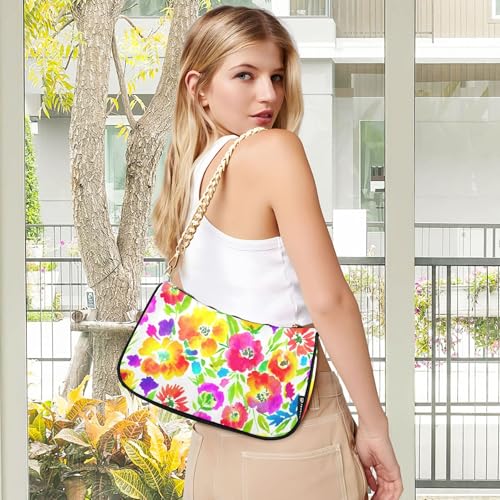 Zipper Hobo Totes Purse Bags Vibrant Watercolor Flowers Pink Medium Handbag Tote Women One Shoulder Purses with Chain Strap2