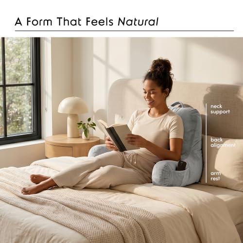 Image of Nestl Reading Pillow with Shredded Memory Foam, Designed for Sitting Up in Bed and Couch, Back and Arms Adjustable Support for Adult & Teens Backrest Pillows for Reading with Washable Cover Light Grey