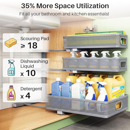 Image of Kitstorack Under Sink Organizer, 1-Pack 3-Tier Height Adjustable Thickened Metal Pull out Cabinet Organizer Shelf, Slide out Storage Drawer Rack for Bathroom Kitchen Pantry Home Organization, Grey