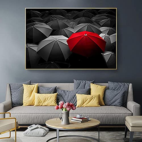 Toile photo rue noir blanc et parapluie rouge pour habiller un grand mur de salon sans cadre