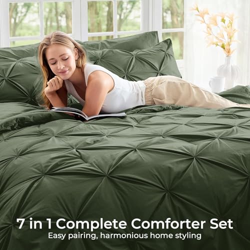 Image of Sasttie King Size Comforter Set, 7-Piece Bed in a Bag, Pintuck Bedding Sets for All Season, Includes Comforter, Flat Sheet, Fitted Sheet, Pillowcases and Pillowshams, Dark Green