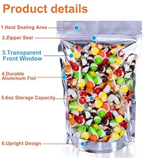 Vodolo Mylar Bags for Freeze Dried Candy,50 Pack Frozen Dry Sour Skittles Bags with Clear Window, Stand Up Pouches