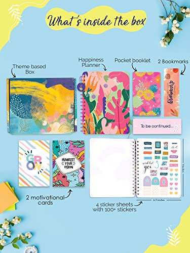 Image of Doodle I The Happiness 2024 Planner I Undated B5 Planner + 4 Sticker Sheets + 64 Pages Pocket Planner with Premium Gift Box | Tear Away Note Cards & Quote Cards | Activity Pages | To do lists I 268 Pages I 80 GSM I Wiro Bound (Spring Melody)