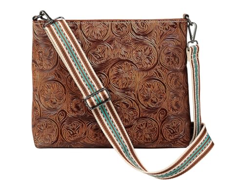 Nocona Women's Amelia Style Crossbody Bag with Floral Embossing, Adjustable Strap, Brown