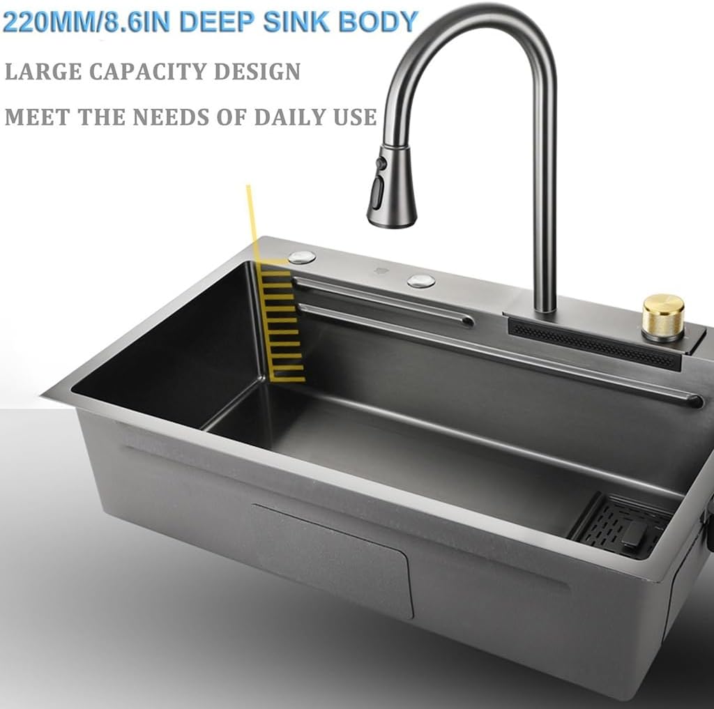 Kitchen Sink Stainless Steel Waterfall Sink with Pull Down Sprayhead Faucet Single Bowl Bar Sink Workstation Household RV Sink with Accessories,A-75x45x22cm