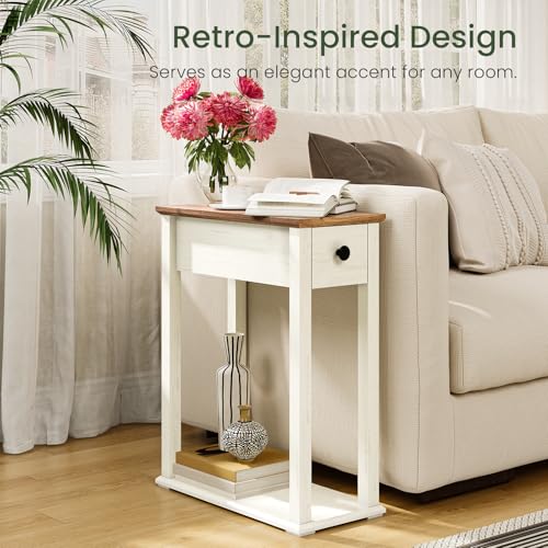 Image of CHOEZON Farmhouse End Table, 2-Tier Narrow Side Table with Drawer, Wooden Nightstand, for Small Space, Living Room, Bedroom