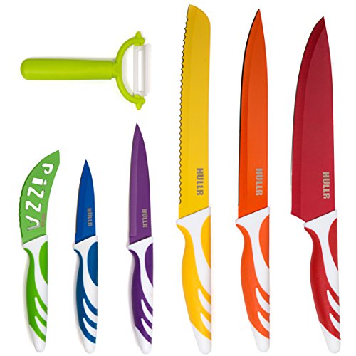 HULLR 7 Piece Kitchen Knife Set Stainless Steel Knives with Multi Colored Non-Stick Coating includes Ceramic Peeler Gift Box