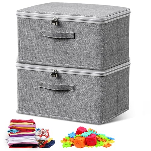 Zamety Boite Fermeture a Clef, Boite avec Serrure avec Cadenas avec Couvercle en Tissu, Lot de 2 Panier Rangement Pliable, pour Jouets, Vêtements, Chambre,...
