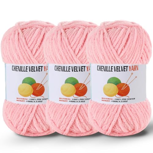 Image of 3 * 100g /3.5oz Fluffy Chenille Yarn for Crocheting, Chunky Velvet Yarn for Crochet Amigurumi, Used for Making Baby Yarns Blanket, Clothes, Pattern Knitting Creations (Pink)