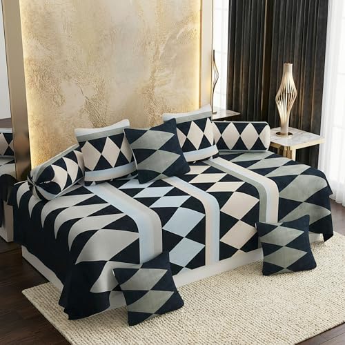 Image of Diwan Bedsheet Set of 8 Pieces with 1 Single Bedsheet, 2 Bolster Cover, 5 Cushion Covers | 100% Microfiber for Living Room Dining Hall