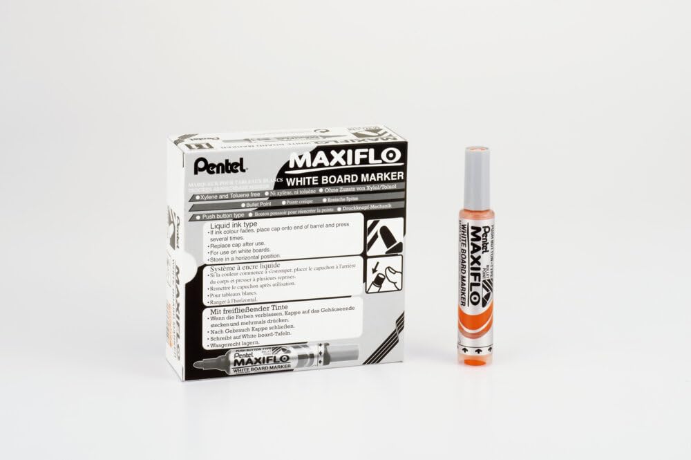 Pentel Maxiflo Lot de 12 Marqueurs pour Tableau blanc Pointe conique large Orange MWL5M-F
