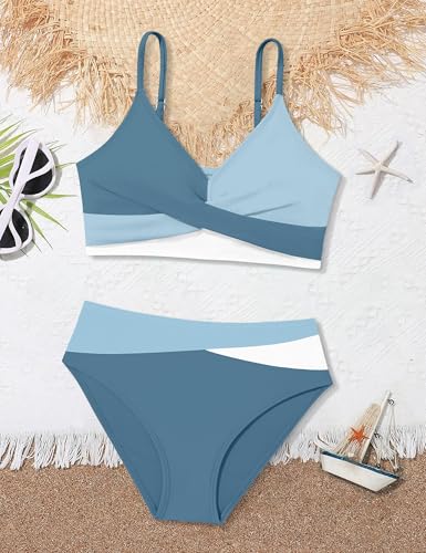 WIQI Girls Swimsuit Bikini Set 2 Piece Bathing Suits Color Block Criss Cross Swimwear Size 9-164