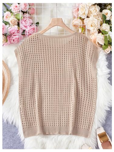Image of Milumia Women's Crochet Short Sleeve Sweater Hollow Cap Sleeve Pullover Knit Top Khaki Medium