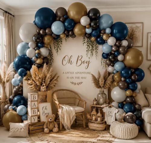 Image of Blue Brown Sand White Balloon Arch Double Stuffed Blue Black Brown Balloons | brown dark blue balloon garland kit for Boho Birthday baby shower cowboy gender reveal retirement anniversary party decor