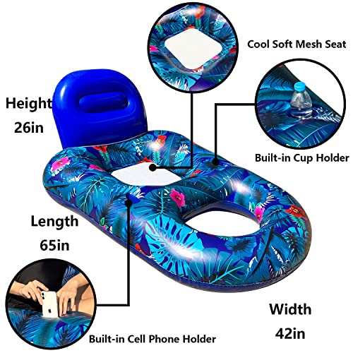 Finduwill Large Pool Lounger Floats - 2Pack 65'' X 42'' Oversized Pool Lounger For Adults, Inflatable Pool Floaties With Cup Holder, Backrest, Footrest, Ultra-Comfort Pool Lounge (Xl, Blue/Green) #TOP5