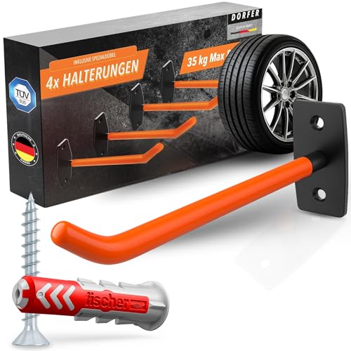 DORFER Reifen Wandhalterung 4er Set | 4x Reifenhalter Wandhalterung gehärteter Stahl inkl. deutschen Marken-Dübeln& Schrauben verzinkt | Felgenhalter Wand | Autoreifen Wandhalterung | TÜV zertifiziert