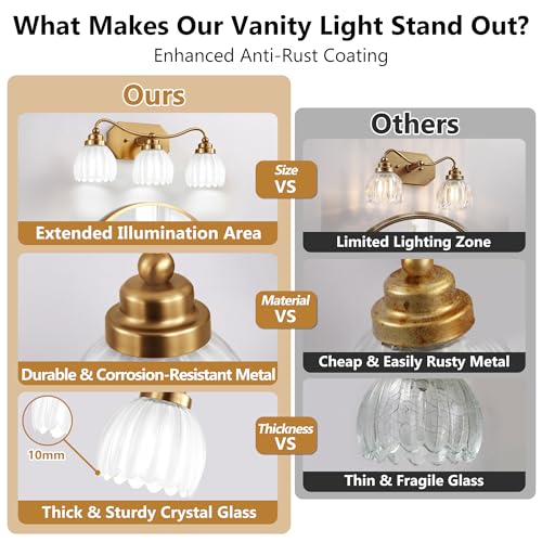 Image of Vintage Bathroom Light Fixtures, Gold Bathroom Vanity Light, Matte Antique Brass Finish with Crystal Glass Shade, Wall Sconces Lighting for Bedroom, Living Room, Hallway (Milk White, 3-Light