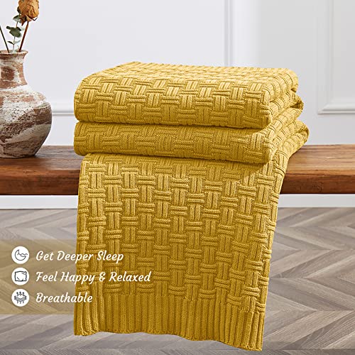 Image of TREELY 100% Cotton Knitted Throw Blanket 50 x 60 Inches, Gold Yellow