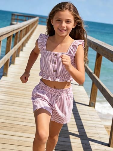 Image of Girl's Summer Clothing Sets Knit Ruffle Striped T-Shirt and Shorts 2 Piece Outfits