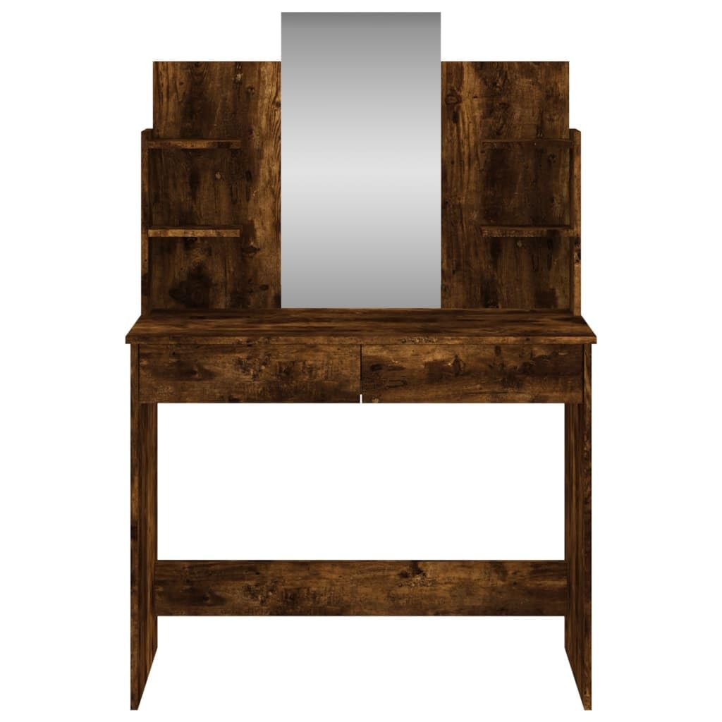 Schminktisch mit Spiegel Räuchereiche Holzwerkstoff 96x39x142 cm mit Schublade Ablage Stauraum und Hocker für Schlafzimmer Ankleidezimmer Jugendzimmer Mädchen