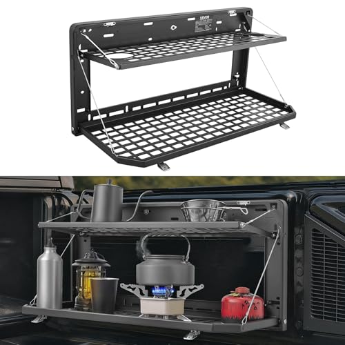 VEVOR Tailgate Table for Jeep Wrangler JL 2019 - Present Carbon Steel Foldable Molle Panel Double-Layer Drop Down Table Rear Cargo Storage Rack Shelf Luggage Holder Carrier Camping Accessories