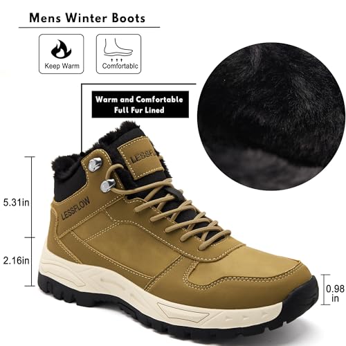 Mens Winter Snow Boots Anti Slip Hiking Shoe Warm Fur Lined Work Walking Ankle Shoes Leather Casual Lightweight Outdoor Cold Weather Brown 11.52