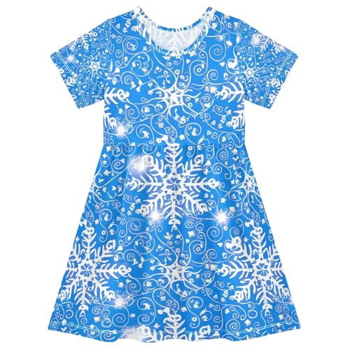Toddler Girls Short Sleeve Dress White Snowflakes Blue Summer Kids Sundress Playwear Casual Outfits 2T-8T