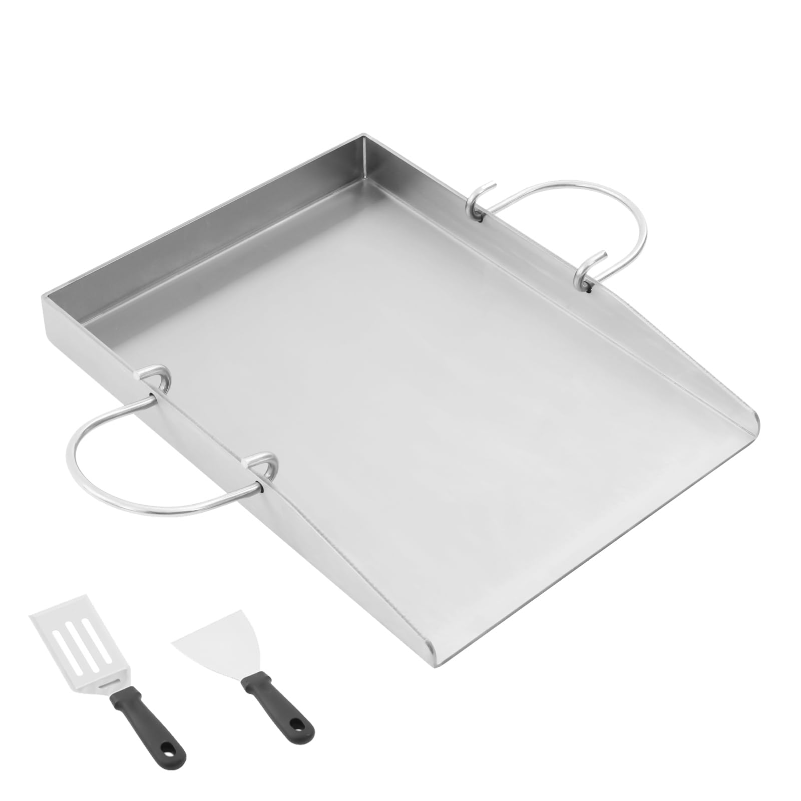 Piastra per barbecue con manici rimovibili, piastra in acciaio inox, 40 x 30 cm, padella Plancha, teglia da 4 mm con 2 spatole, per barbecue a gas e barbecue a carbonella