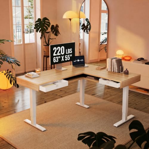 Image of HUANUO 63 inch X 55 inch Electric L Shaped Standing Desk, 2 Drawers, Light Walnut | L-Shaped Corner Desk,2 Fabric Storage Drawers,4 Quiet Memory Presets,220lbs Carbon Steel, 27.6 inch-46.5 inch Adjustable Height