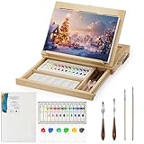 LUCYCAZ Tabletop Easel Set, Easel for Painting Canvases, Portable Wooden Art Easel Painting Kits for Adults Artist Kids, 12 Colors Acrylic Paints, 2 Brushes, Palette and Knives