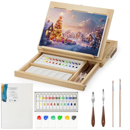 Product Image of the LUCYCAZ Tabletop Easel Set, Easel for Painting Canvases, Portable Wooden Art Easel Painting Kits for Adults Artist Kids, 12 Colors Acrylic Paints, 2 Brushes, Palette and Knives