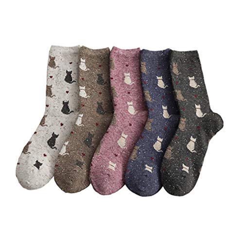 5 Pairs Womens Thick Wool Socks Cat Soft Warm Casual Winter Socks Heavy Thermal Fuzzy Winter Warm for Women
