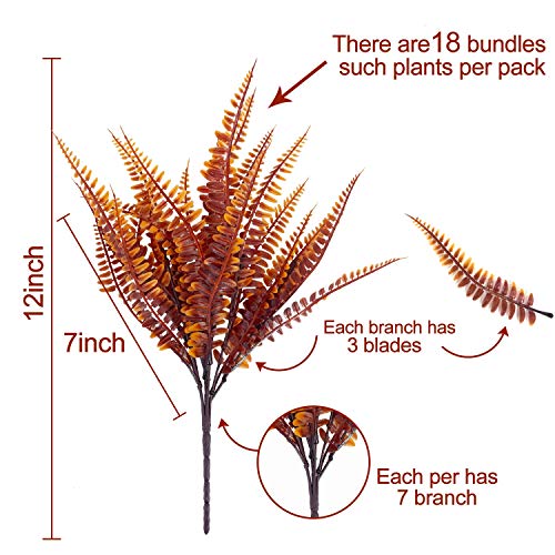 Turnmeon 18 Pcs Artificial Fall Flowers Plants Fall Thanksgiving Decoration, Fake Boston Fern Bush Outdoor Uv Resistant Greenery Shrubs Faux Plants Indoor Home Garden Fall Autumn Decor(Brown Orange) #TOP1