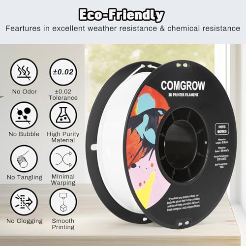Image of Comgrow PETG 3D Printer Filament 1.75mm, High Precision and Tough 3D Printer Filament 2kg (4.4LBS), Dimensional Accuracy + /- 0.02 mm, Fit Most 3D Printers White+Grey