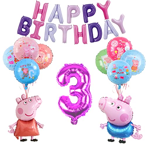 Peppa Pig Décorations d'anniversaire en ballon pour filles de 3 ans, bannière d'anniversaire,Fournitures de fête en ballon à l'hélium, fournitures de décoration d'anniversaire pour enfants de 3 ans