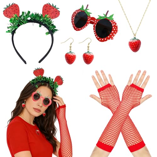 Accessoires Deguisement de Fraise,5 Pièces Ensemble de Costumes de Fraise,Bandeau de Fraise,Lunettes de Soleil Fraise,Boucles D'oreilles Fraises,pour...